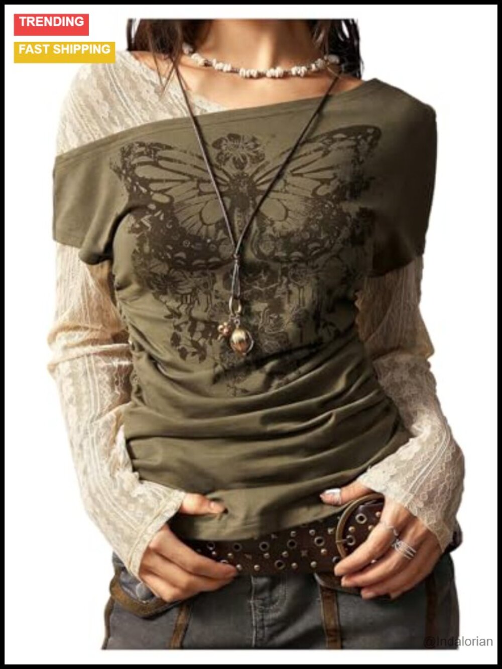 Women's Lace Butterfly Print Asymmetrical One Shoulder Long Sleeve Top